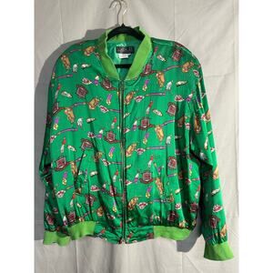 Vintage Bomber Jacket Mens XL Green Silk Gold Print AOP Colorful 90s Full Zip